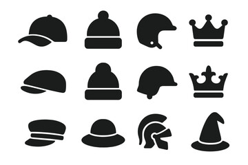Headwear solid icon set. Collection of glyph symbols including hats, caps, helmets, and crowns. Vector silhouettes for web and mobile UI design. Includes wizard hat and roman helmet.
