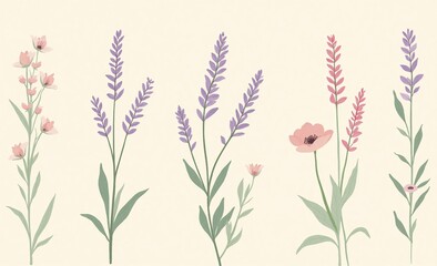 A beautiful digital art illustration features delicate lavender and various pink floral sprigs arranged gracefully on a soft background.