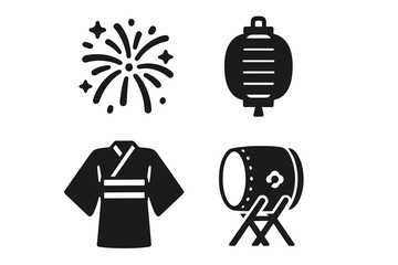 Japanese festival solid icon set. Japan summer matsuri cultural symbols. Vector collection of firework, paper lantern, yukata kimono, and taiko drum. Asian tradition glyphs.
