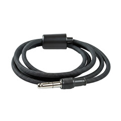 Black Audio Cable with Braided Texture and Metal Plug Connector on Transparent Background