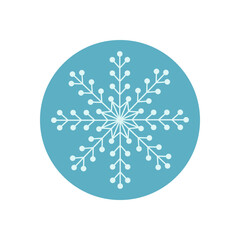 Blue round sticker with snowflake outline icon. Winter ornament as cold icy package lid decoration for christmas. Snow flake style, perfect for seasonal box, holiday seal and product branding.