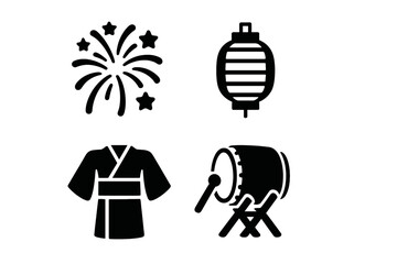 Japanese festival solid icon set. Matsuri celebration symbols collection. Vector glyph icons of firework, paper lantern, yukata kimono, and taiko drum. Asian culture.