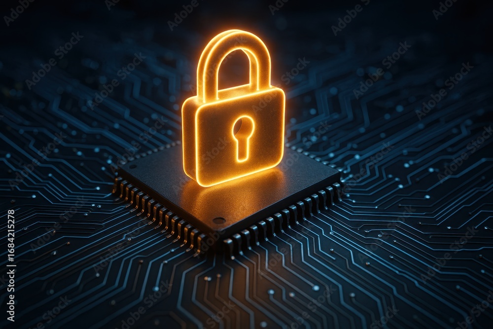 Poster digital fortress: an eye-level shot of a futuristic data protection symbol, showcasing a luminous pa
