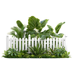 Lush greenery behind a classic white picket fence on a dark background