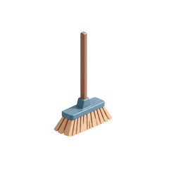 Blue Broom with Wooden Handle for Cleaning Floor in Isometric Style Isolated on Transparent Background