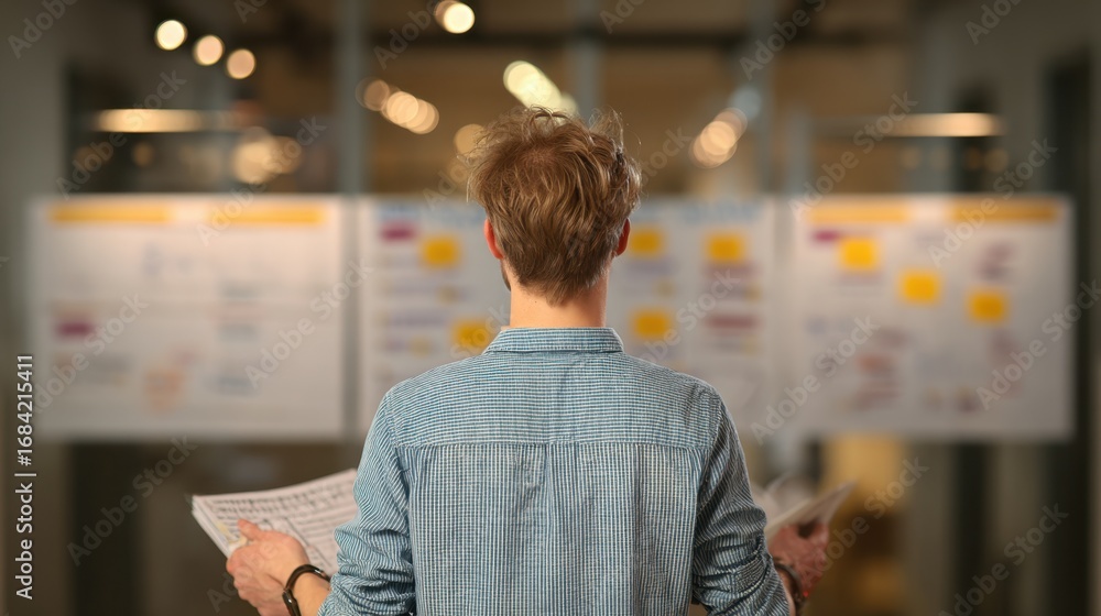 Poster medium shot centered on a participant synchronizing remote and office calendars during sprint planni