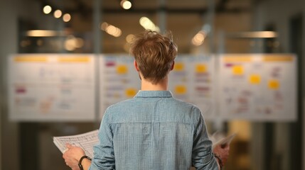 Medium shot centered on a participant synchronizing remote and office calendars during sprint planning blurred digital Kanban board in the backdrop.