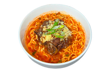Korean spicy noodle soup with kimchi, beef and cheese mozzarella in bowl isolated background