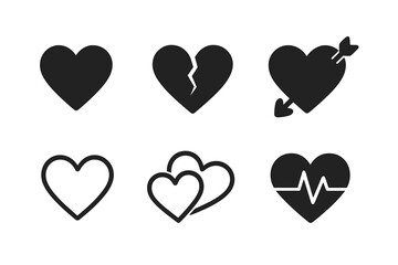 Heart icon set. Vector collection of flat love symbols. Includes broken heart, cupid's arrow, double heart, outline, and heartbeat line for cardiology, valentine's day design.