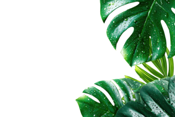 Tropical leaves with water droplets on black background
