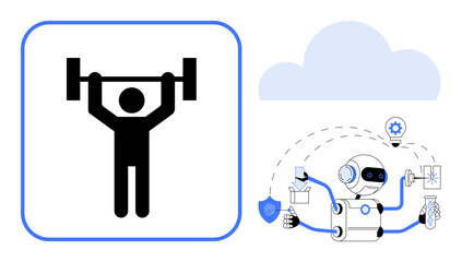 Person lifting barbell paired with a multitasking robot holding various objects and icons. Highlights human strength and AI innovation. Ideal for fitness, technology, automation, productivity