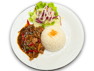 Rice with beef blackpepper on isolated background