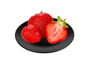 Strawberry slice in black plate isolated on white background