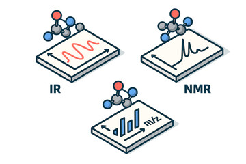 Isometric molecular analysis icon set. Spectroscopic methods concept. Vector collection of IR infrared, NMR, and mass spectrometry MS spectrum data graphs. Science chemistry.