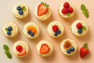 Delectable Cupcakes: A vibrant array of beautifully decorated cupcakes, each adorned with fresh fruit and a swirl of creamy frosting, offering a visual treat.