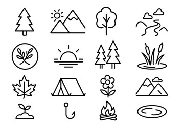 Nature and outdoors line icons set. Vector outline symbols for forest, landscape, camping, and hiking. Minimalist collection of trees, mountains, campfire, and tent icons.