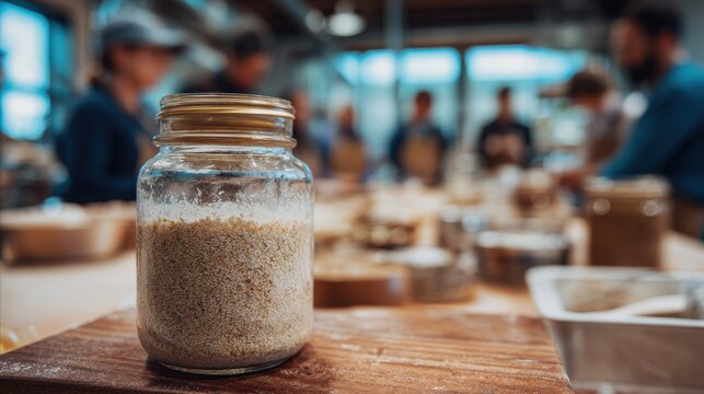 Medium shot focusing on a sourdough starter jar bubbling with heritage grains blurred workshop attendees in the background symbolizing handson fermentation lessons.