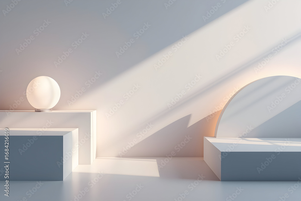 Poster minimalist interior design showcasing geometric shapes and soft light for product display or archite