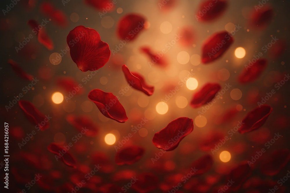 Aufkleber floating petals: an enchanting, ethereal scene of vibrant red rose petals gently floating against a 