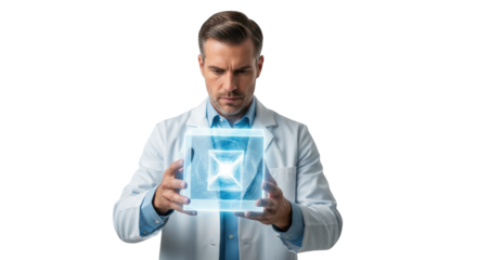 Focused Scientist Holding a Futuristic Glowing Cube with Intricate Digital Design and Complex Energy Patterns Displayed Inside Against a Pure White Background