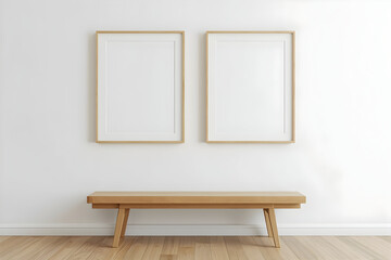 Minimalist interior showcasing two picture frames and a wooden bench against a plain white wall
