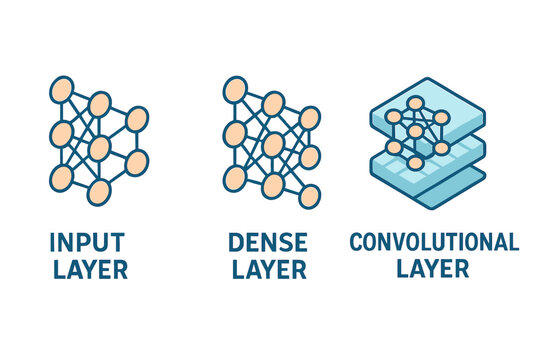 Neural network layer icons for deep learning models. Set of input, dense, convolutional layers. AI, machine learning, data science algorithm structure vector illustration concept.