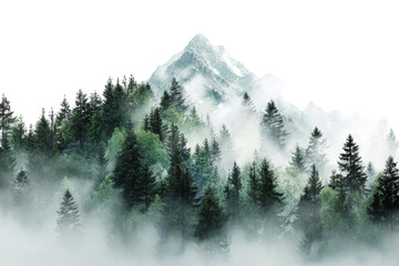 Misty mountain peak above a dense forest