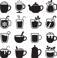 Assortment of black silhouettes of hot and cold beverages in cups and teapots coffee cup hot drink