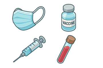 Pandemic response icons set with isometric flat design including medical mask, vaccine vial, syringe, test tube, and healthcare vector illustrations for disease control and medical safety