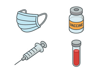 Pandemic Response Icons Set, Isometric Flat Vector Illustrations of Medical Face Mask, Vaccine Vial, Syringe, Blood Test Tube for Health and Medical Concepts