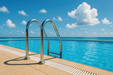 Summer Tranquility: A gleaming swimming pool merges with the vast ocean horizon under a vibrant, cloud-strewn azure sky, a symbol of serene escape and luxurious relaxation.