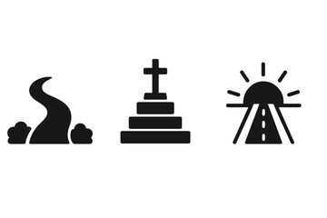 Pathways to Belief Icons Solid Filled Vector Set with Footpath Forward, Steps to Altar, Rising Sun over Road, Spiritual Journey Symbols, Faith and Hope Illustration