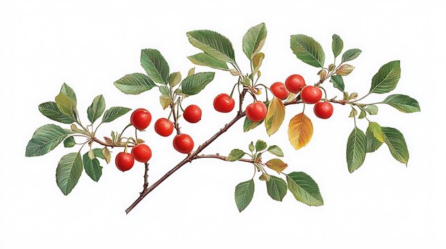 Branch ripe red cherries and green leaves on a white background cherry fruit - Powered by Adobe