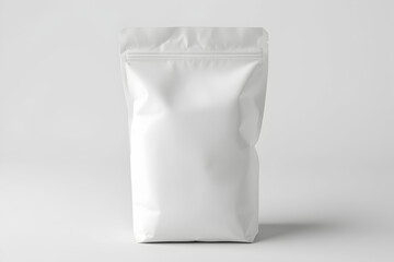 Minimalist stock image featuring a plain white stand up pouch with zipper, great for mockup purposes