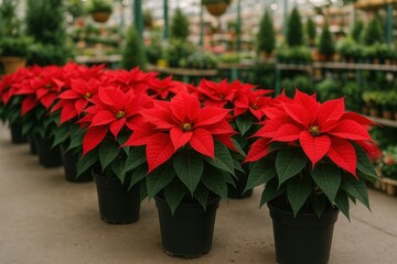 Crimson Blooms in Abundance: A striking array of vibrant red poinsettias creates a festive scene, with each flower presenting its heart-shaped petals, potted meticulously in a greenhouse.