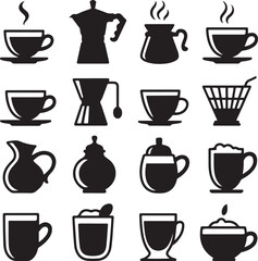 Assortment of coffee and beverage related icons on white background Keywords: coffee cup, coffee