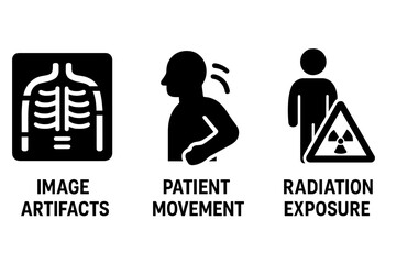 Radiology Challenges Icons Vector Set with Image Artifacts, Patient Movement, and Radiation Exposure Symbols, Solid Filled Medical and Health Care Illustrations for Diagnostics and Safety