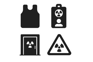 Radiology Safety Icons Vector Set, Solid Filled Lead Apron, Radiation Badge, Shielded Room Door, Radioactive Warning Sign, Medical Radiation Protection Symbols, Vector Illustration