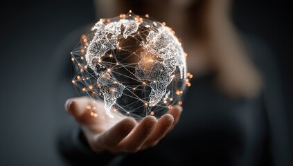 A hand holds a holographic representation of Earth, interconnected by a network of lines and dots