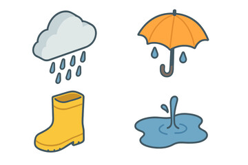 Rain Icon Collection with Isometric Flat Design, Light Rain Sprinkles, Cloud with Drizzle, Orange Umbrella, Yellow Rain Boot, Puddle Splash, Cute Vector Cartoon Weather Illustration