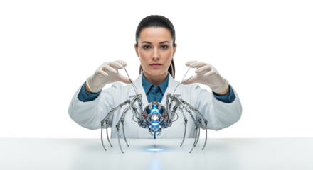 Female scientist carefully examines a futuristic mechanical spider with glowing lights in a sterile laboratory environment showcasing advanced robotics and bioengineering