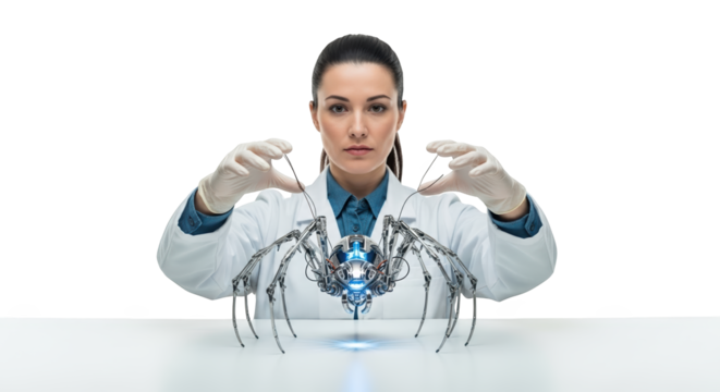 Female scientist carefully examines a futuristic mechanical spider with glowing lights in a sterile laboratory environment showcasing advanced robotics and bioengineering