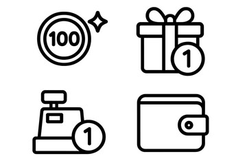 Reward points icons set, outline style of reward points, redemption points, balance tracking, redeem gift box, checkout counter, digital wallet, cartoon vector illustration