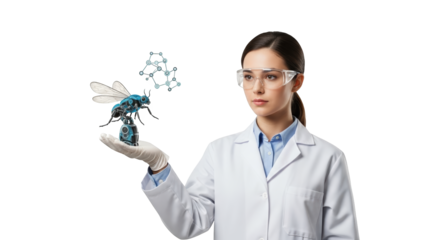 Scientist Examining a Genetically Modified Insect with a Molecular Structure Overlay in a Laboratory Setting White Background Png