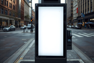 Modern Advertising Kiosk Displaying Blank Screen on City Street for Urban Marketing Campaign