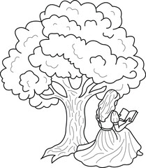 Girl Reading Book Under Tree | Black and White Line Art Illustration