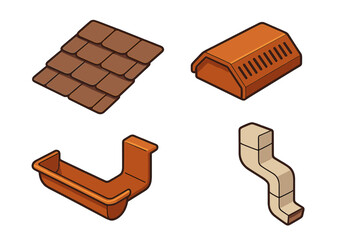 Isometric Flat Roofing Icon Set, Asphalt Shingle Pattern, Roof Ridge Vent, Gutter, Downspout, Vector Cartoon Illustration for Building and Architecture