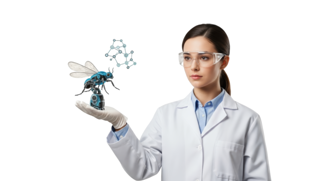 Scientist Examining a Genetically Modified Insect with a Molecular Structure Overlay in a Laboratory Setting White Background Png