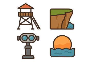 Scenic Viewpoints Icons Flat Vector Set of Lookout Tower, Cliff Edge, Vista Binoculars, and Sunset Illustration for Travel and Nature Exploration Concepts