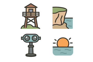 Scenic Viewpoints Icon Set, Flat Vector Illustration of Lookout Tower, Cliff Edge, Binoculars, and Sunset over Water, Landscape Tourism and Nature Observation Symbols